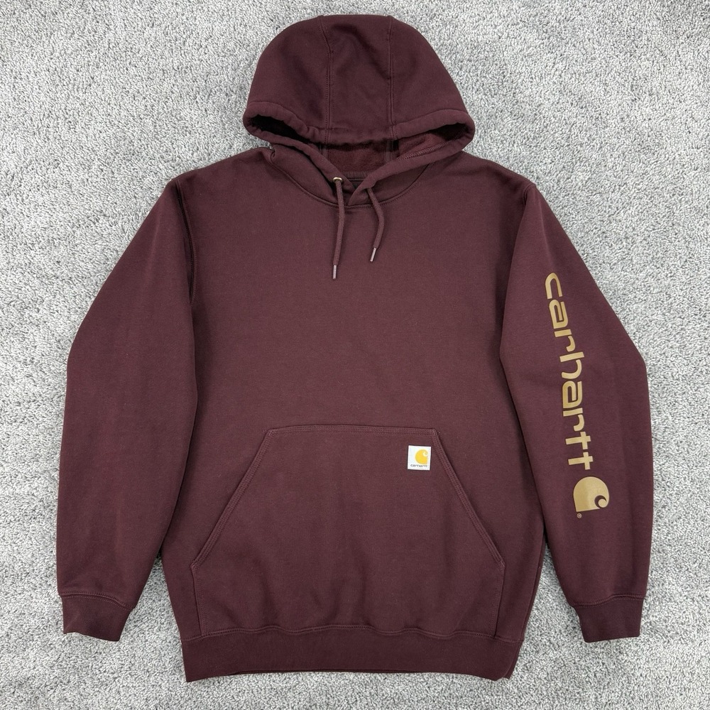 Carhartt Hoodie Men's M Maroon Spellout Loose Fit Sweatshirt Drawstrings
